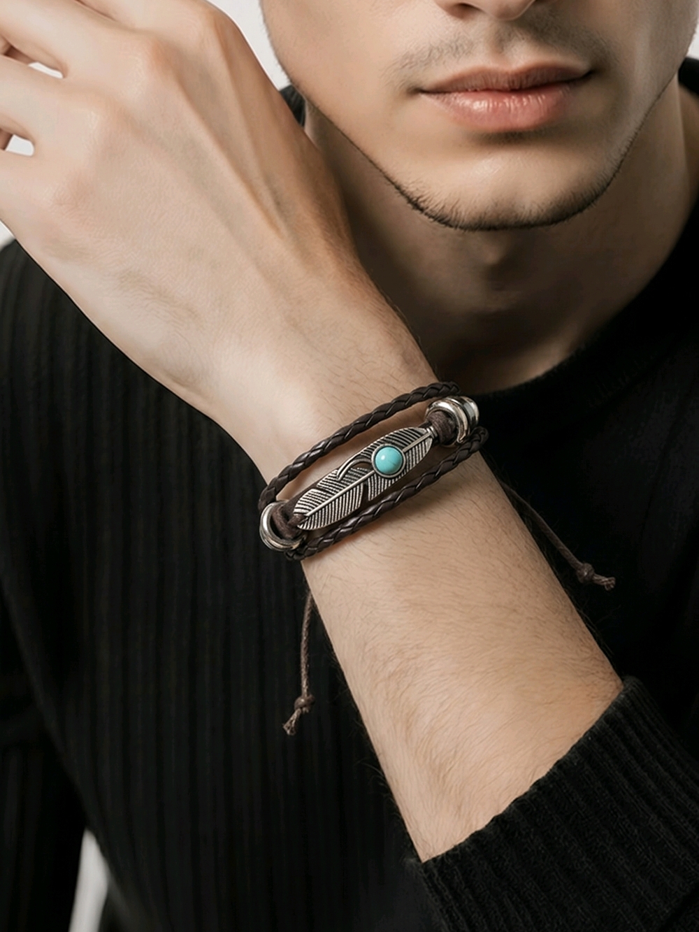 Men’s Leather Feather Bracelet Turquoise Stone Wrap Adjustable Boho Western